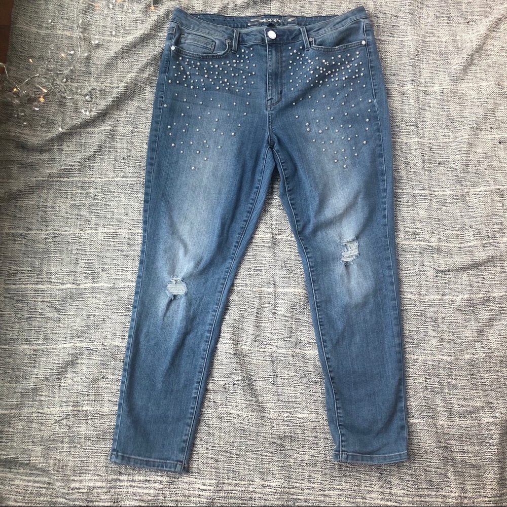 “Seven7” Pearl Studded Distressed Jeans